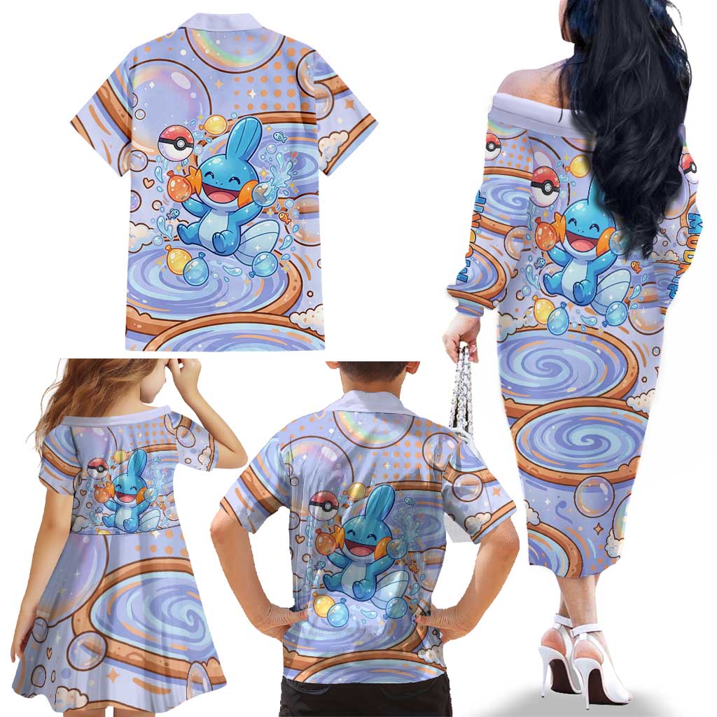 Mudkip Family Matching Off The Shoulder Long Sleeve Dress and Hawaiian Shirt Playful Pastel Water Bubble Art