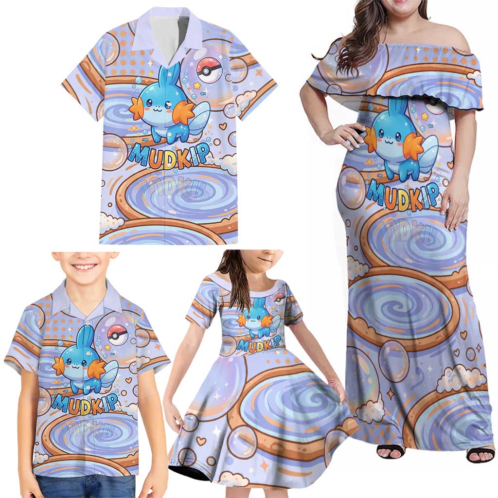 Mudkip Family Matching Off Shoulder Maxi Dress and Hawaiian Shirt Playful Pastel Water Bubble Art