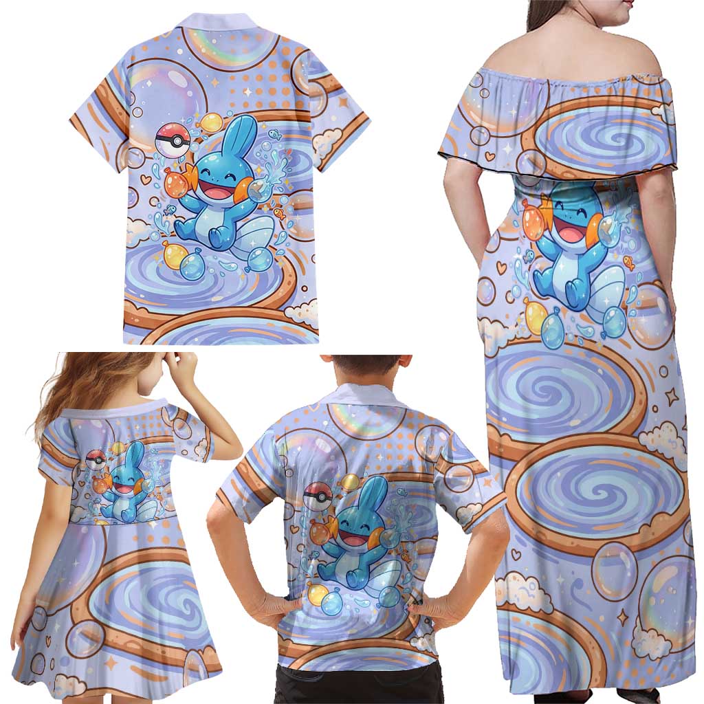Mudkip Family Matching Off Shoulder Maxi Dress and Hawaiian Shirt Playful Pastel Water Bubble Art