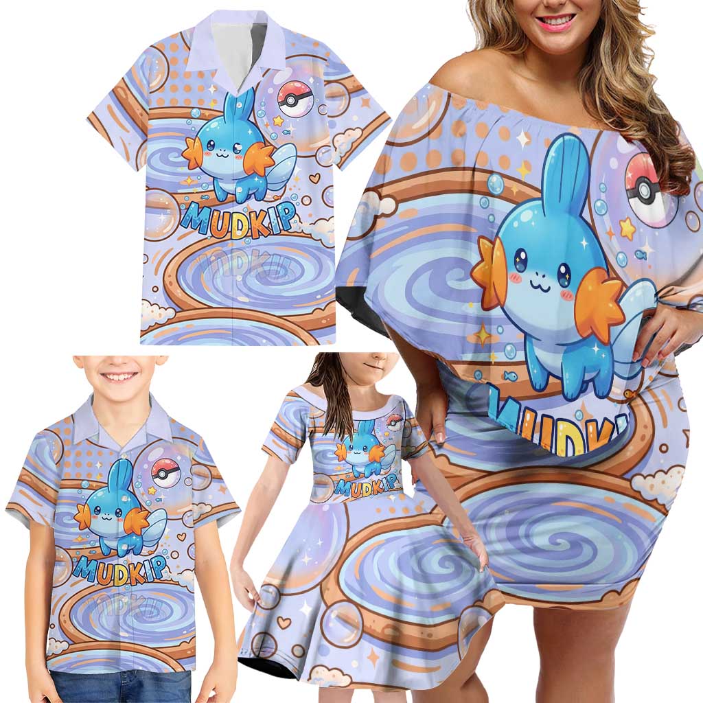 Mudkip Family Matching Off Shoulder Short Dress and Hawaiian Shirt Playful Pastel Water Bubble Art