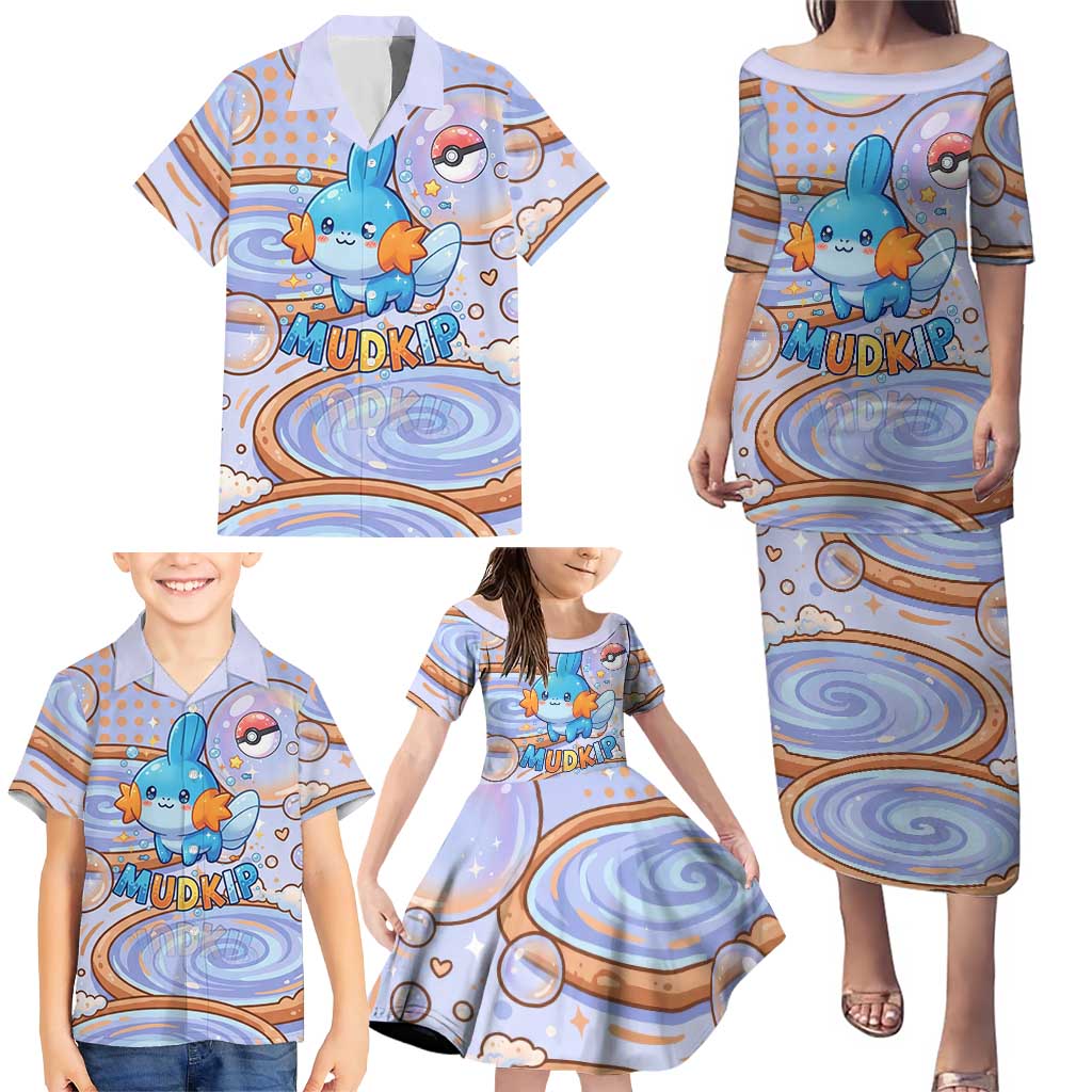 Mudkip Family Matching Puletasi and Hawaiian Shirt Playful Pastel Water Bubble Art