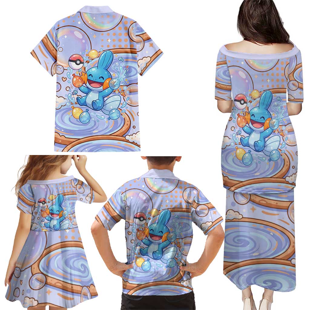 Mudkip Family Matching Puletasi and Hawaiian Shirt Playful Pastel Water Bubble Art