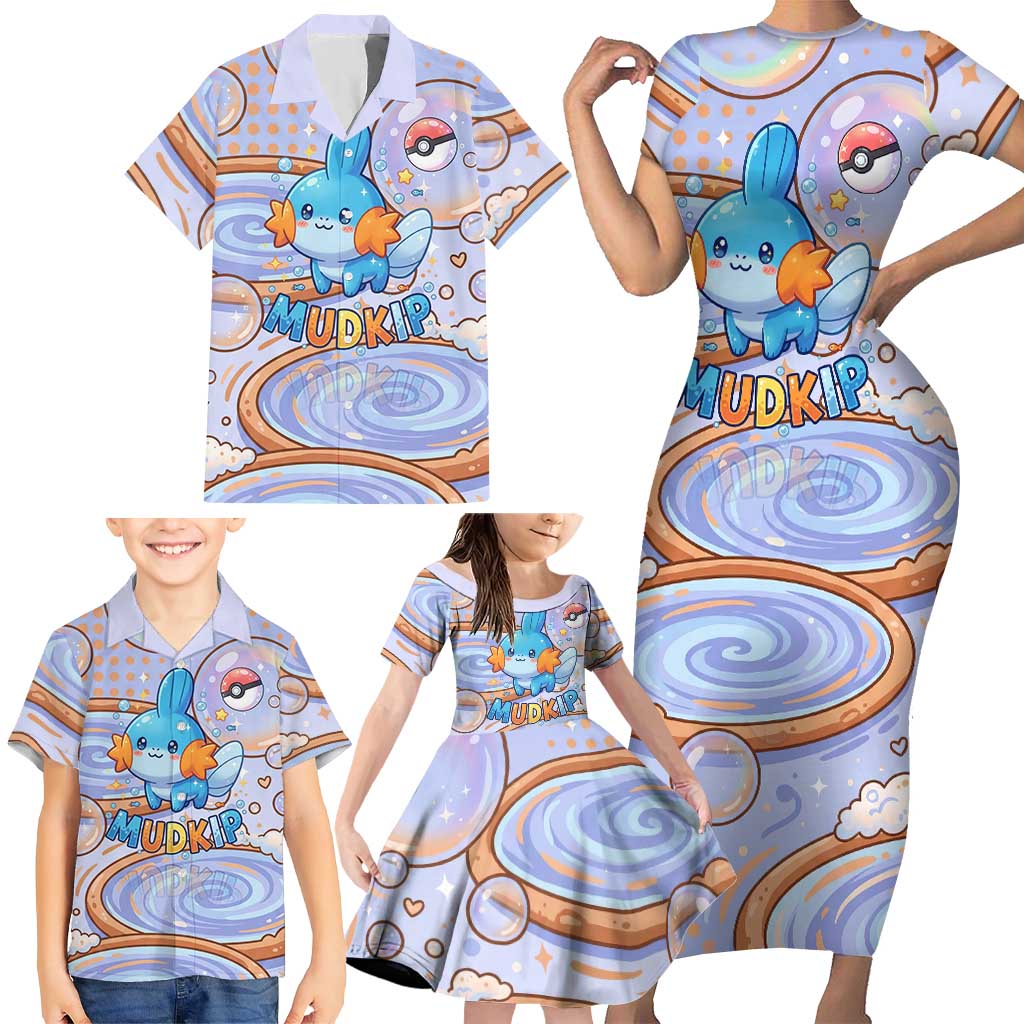 Mudkip Family Matching Short Sleeve Bodycon Dress and Hawaiian Shirt Playful Pastel Water Bubble Art