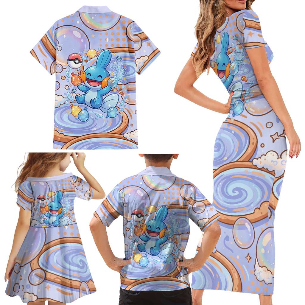 Mudkip Family Matching Short Sleeve Bodycon Dress and Hawaiian Shirt Playful Pastel Water Bubble Art