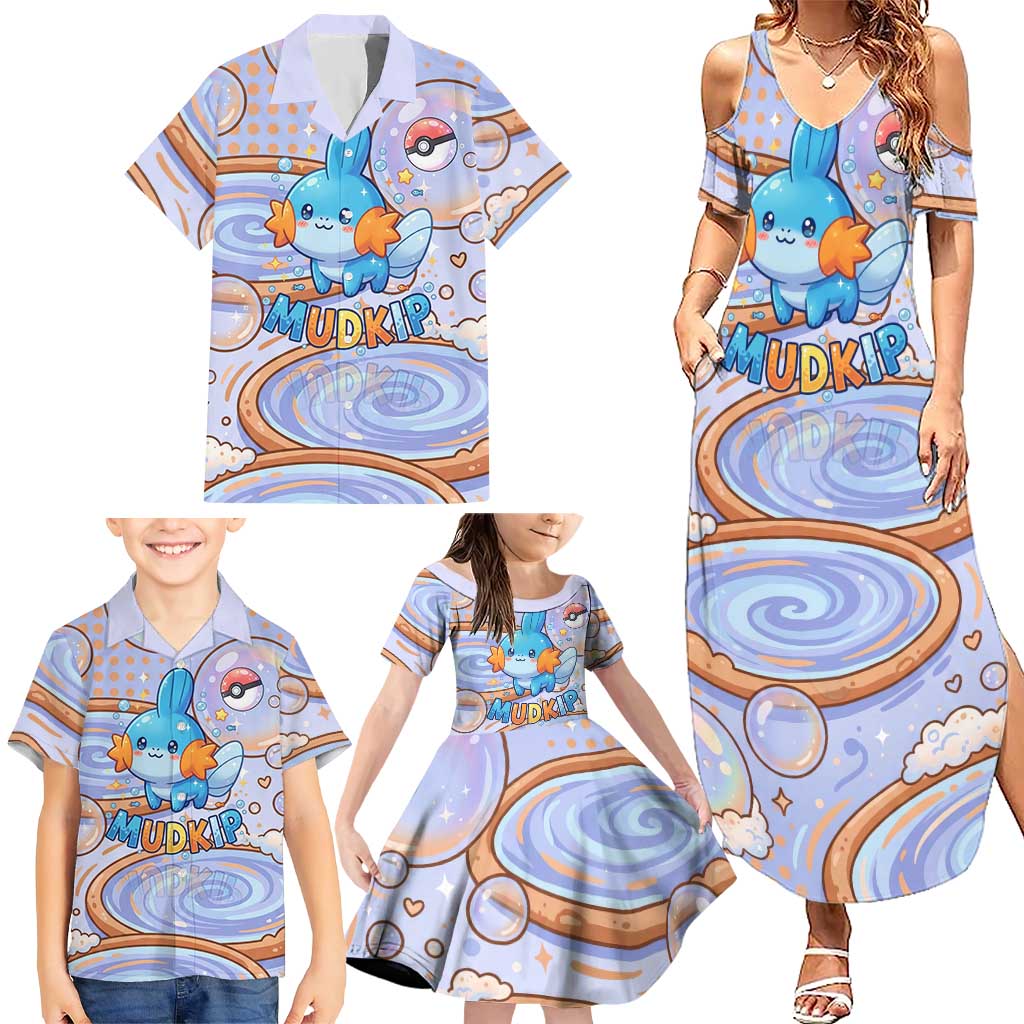 Mudkip Family Matching Summer Maxi Dress and Hawaiian Shirt Playful Pastel Water Bubble Art