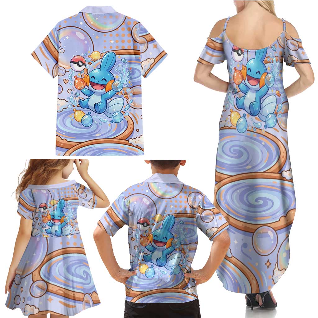 Mudkip Family Matching Summer Maxi Dress and Hawaiian Shirt Playful Pastel Water Bubble Art