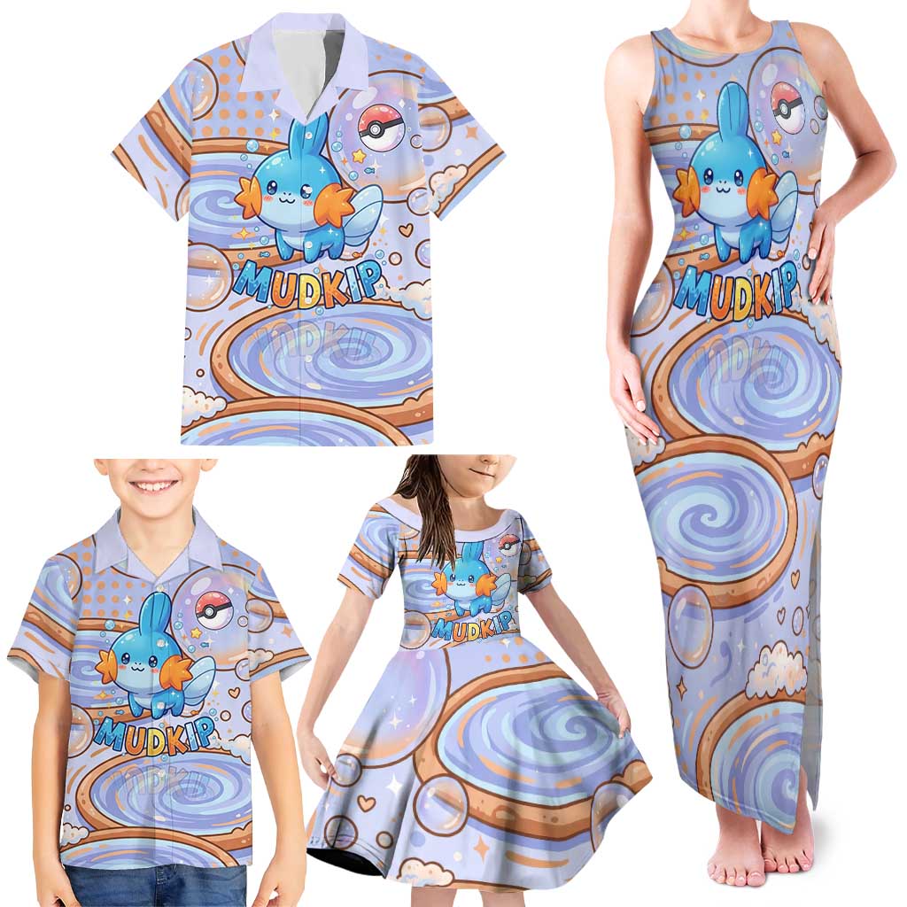 Mudkip Family Matching Tank Maxi Dress and Hawaiian Shirt Playful Pastel Water Bubble Art
