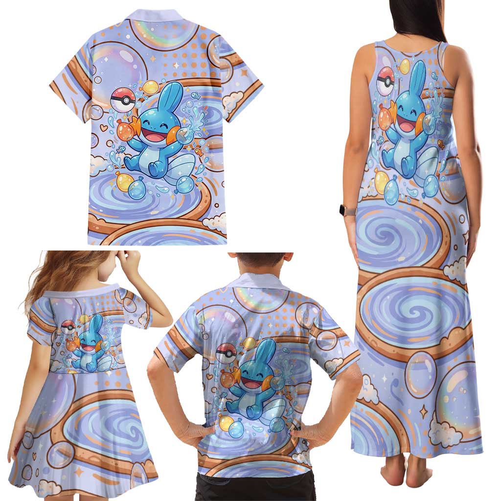 Mudkip Family Matching Tank Maxi Dress and Hawaiian Shirt Playful Pastel Water Bubble Art