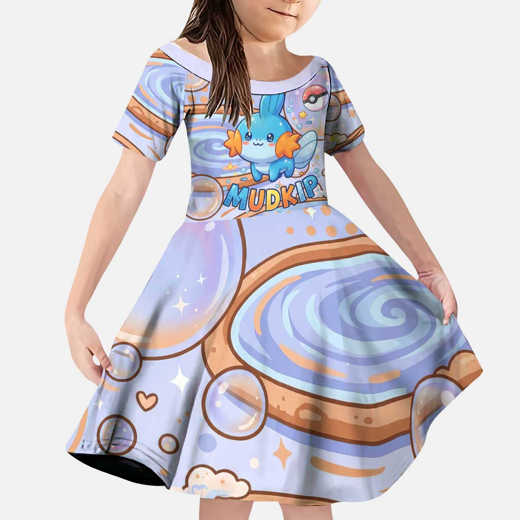 Mudkip Kid Short Sleeve Dress Playful Pastel Water Bubble Art