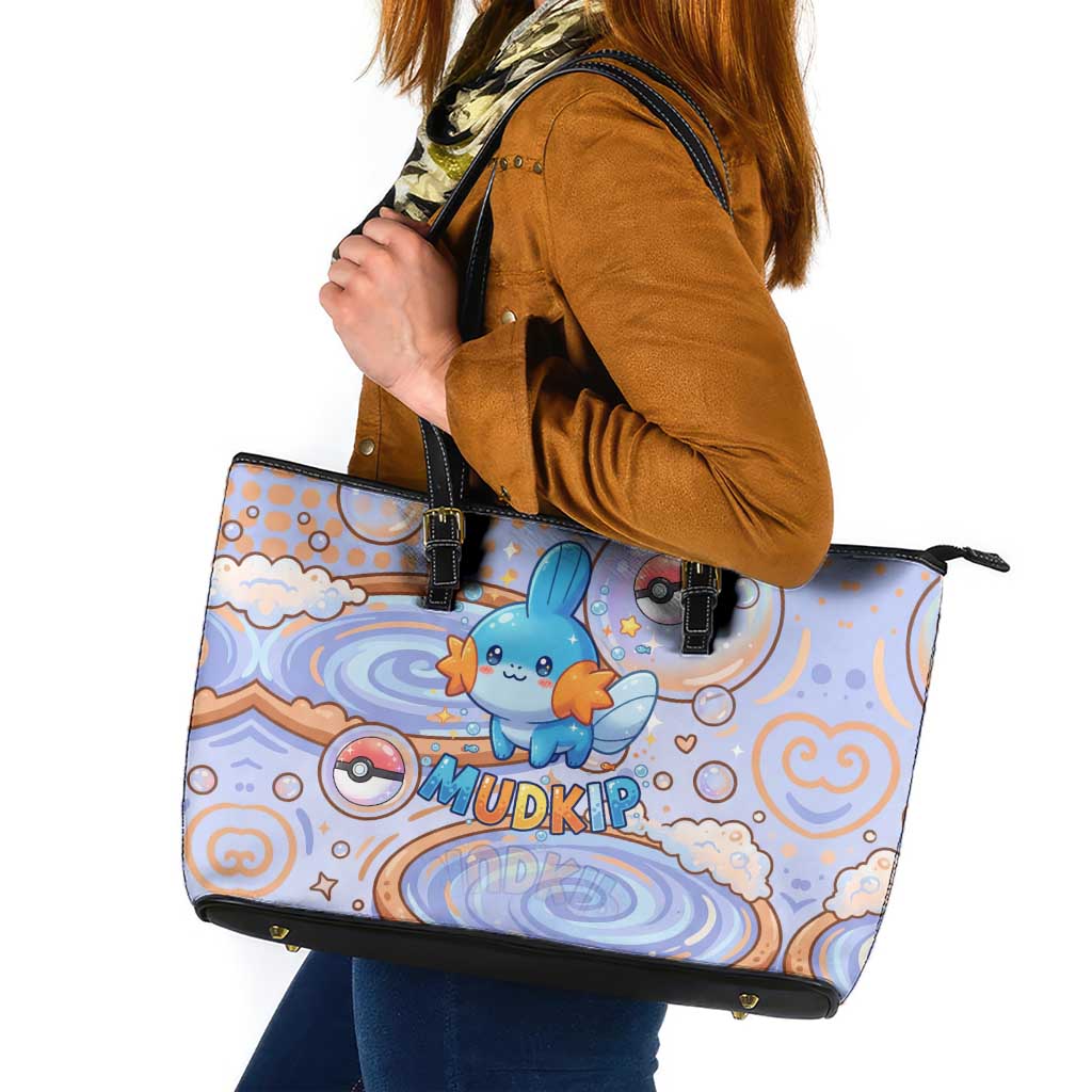 Mudkip Leather Tote Bag Playful Pastel Water Bubble Art