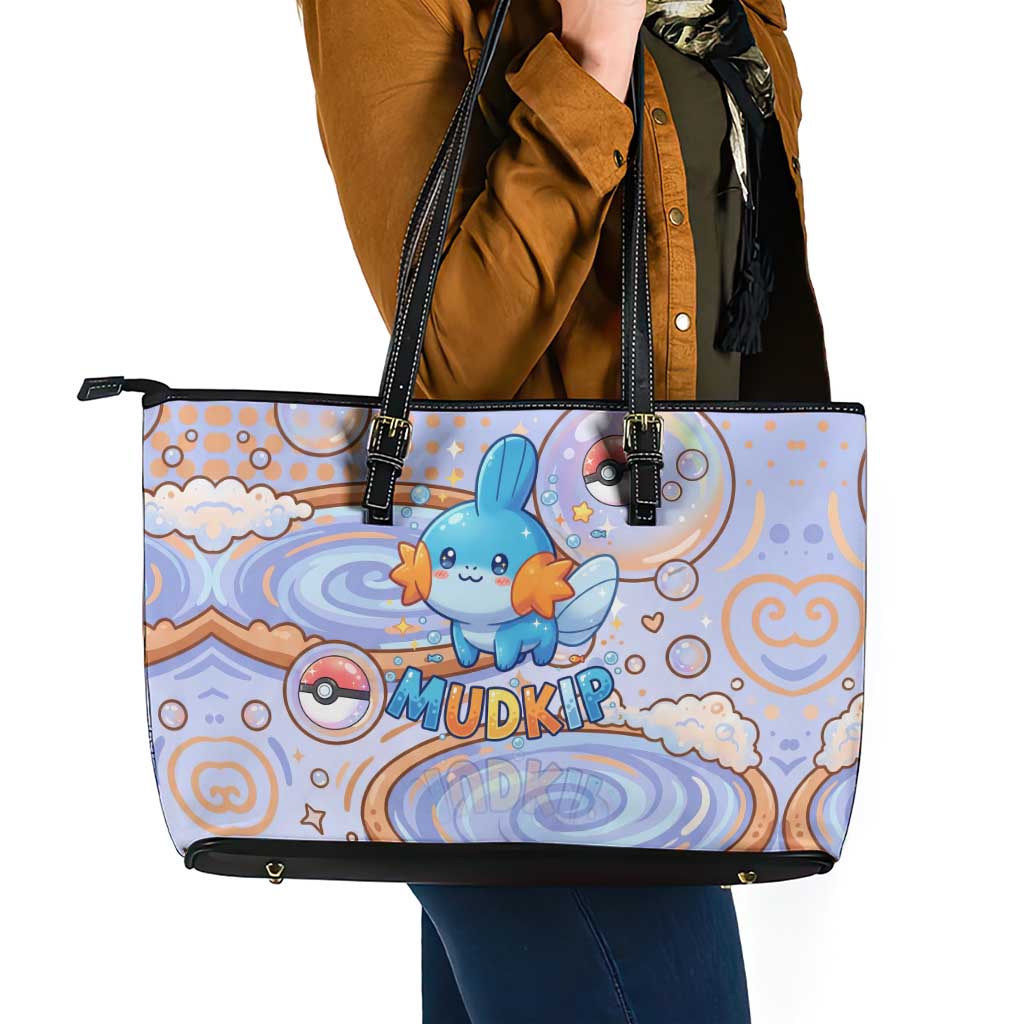 Mudkip Leather Tote Bag Playful Pastel Water Bubble Art