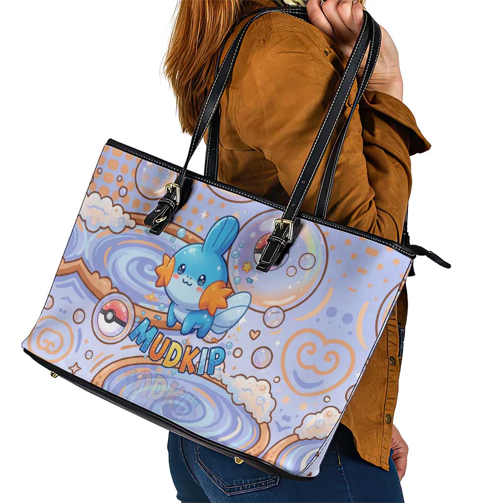 Mudkip Leather Tote Bag Playful Pastel Water Bubble Art