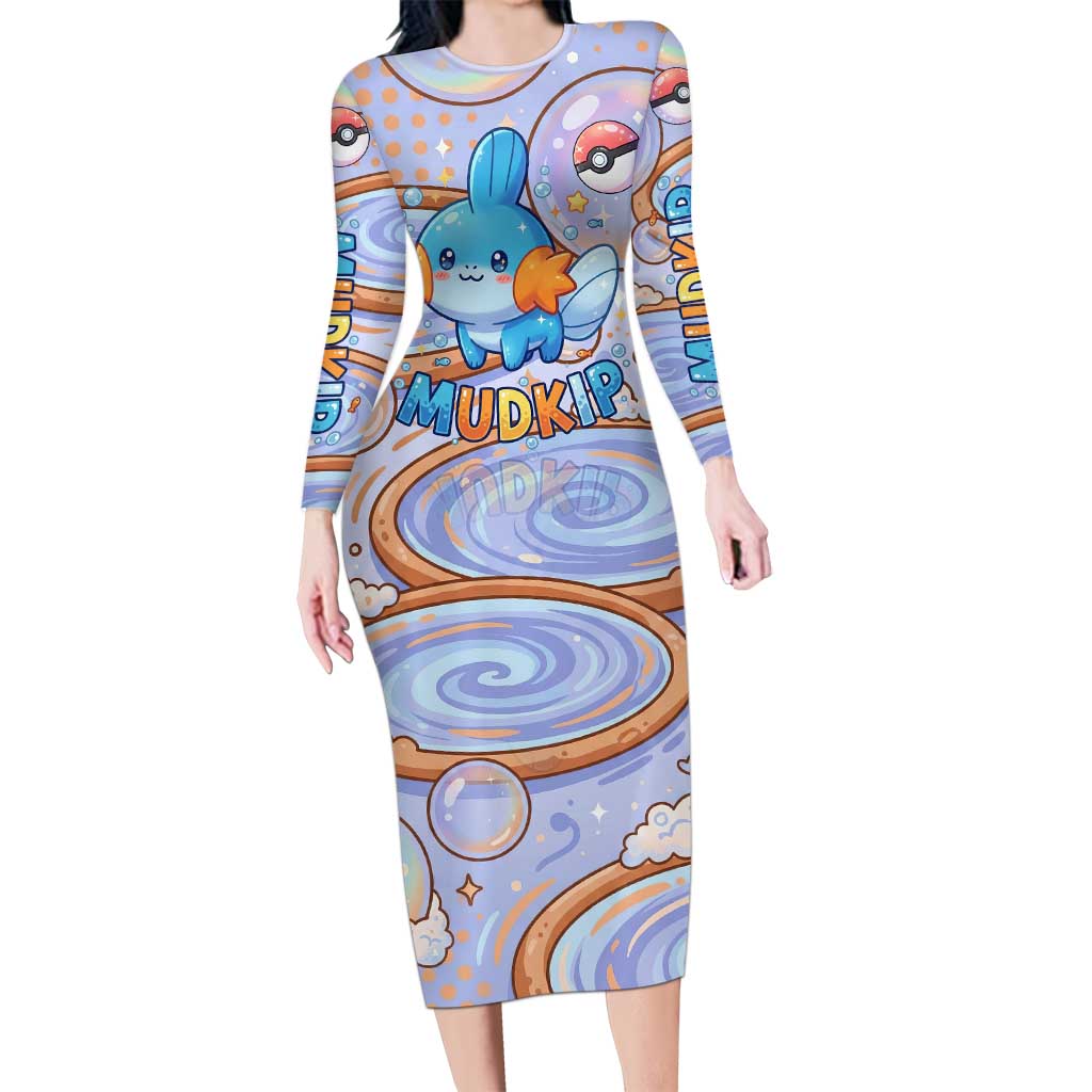 Mudkip Long Sleeve Bodycon Dress Playful Pastel Water Bubble Art