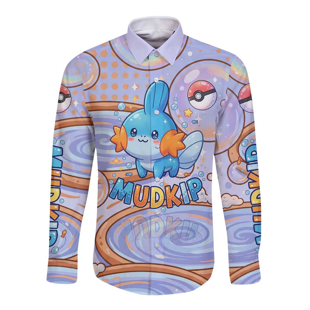 Mudkip Long Sleeve Button Shirt Playful Pastel Water Bubble Art