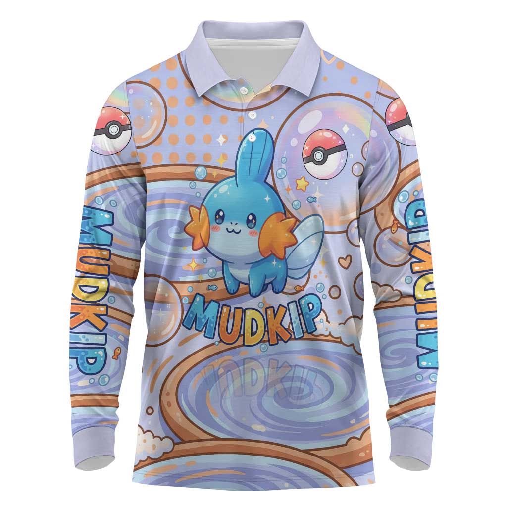 Mudkip Long Sleeve Polo Shirt Playful Pastel Water Bubble Art