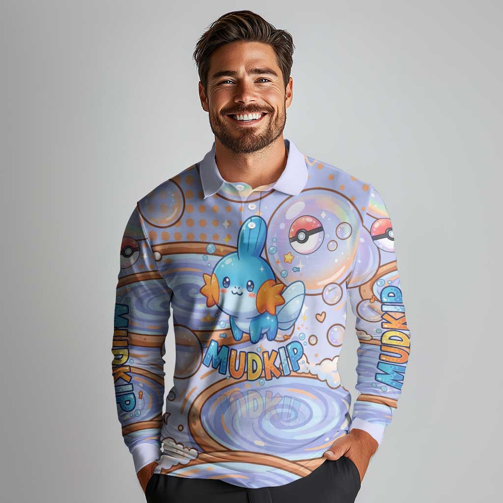 Mudkip Long Sleeve Polo Shirt Playful Pastel Water Bubble Art