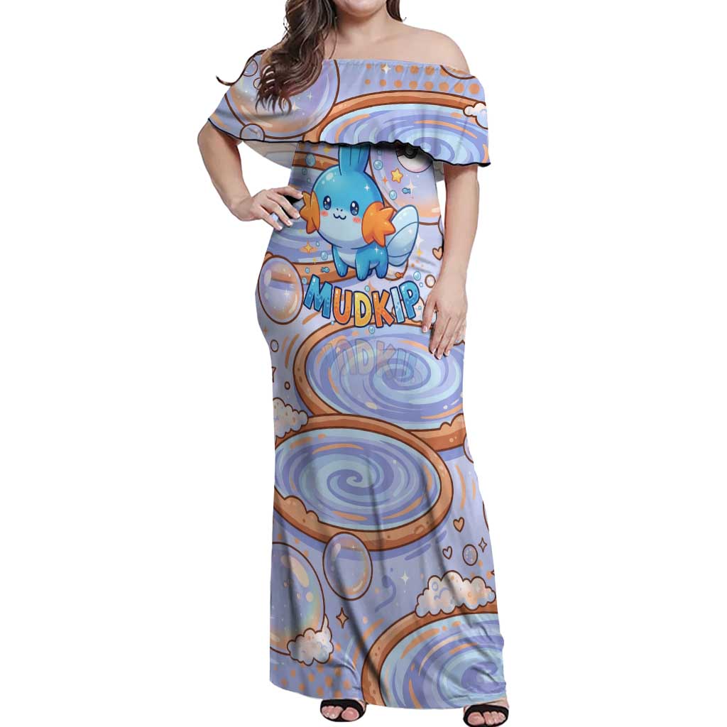 Mudkip Off Shoulder Maxi Dress Playful Pastel Water Bubble Art
