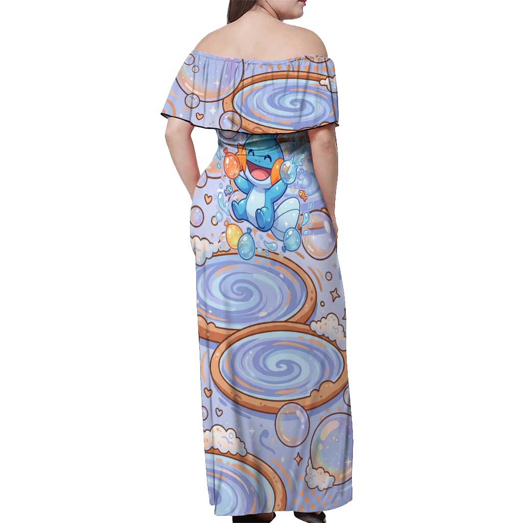 Mudkip Off Shoulder Maxi Dress Playful Pastel Water Bubble Art