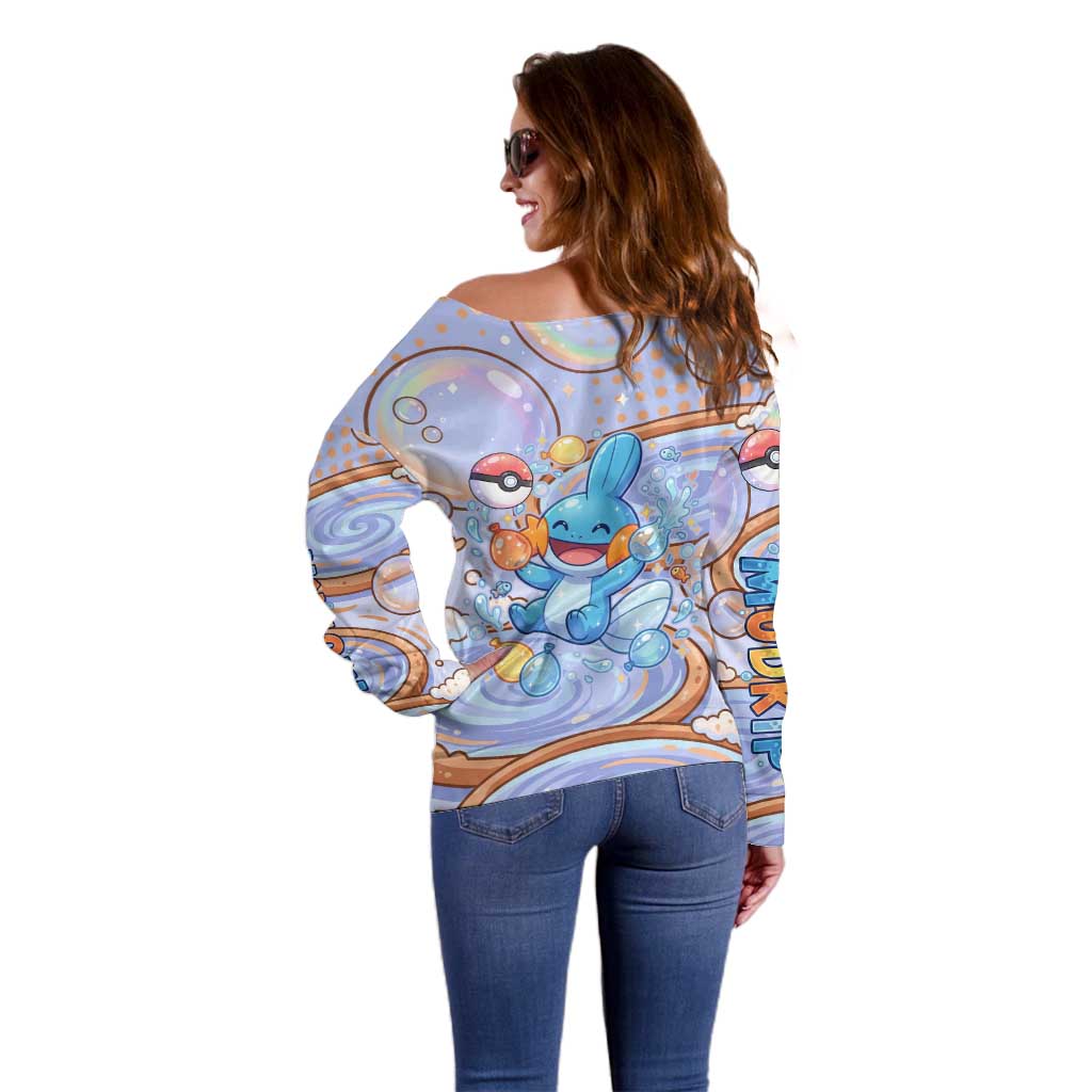 Mudkip Off Shoulder Sweater Playful Pastel Water Bubble Art