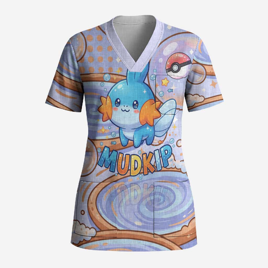 Mudkip Scrub Top Playful Pastel Water Bubble Art