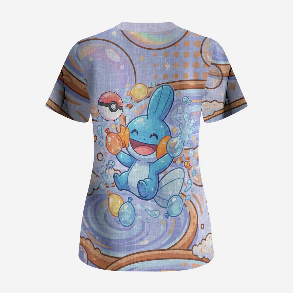 Mudkip Scrub Top Playful Pastel Water Bubble Art