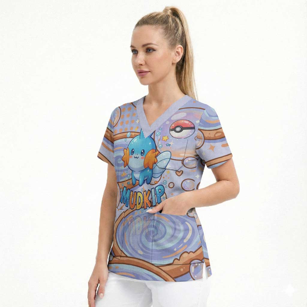 Mudkip Scrub Top Playful Pastel Water Bubble Art