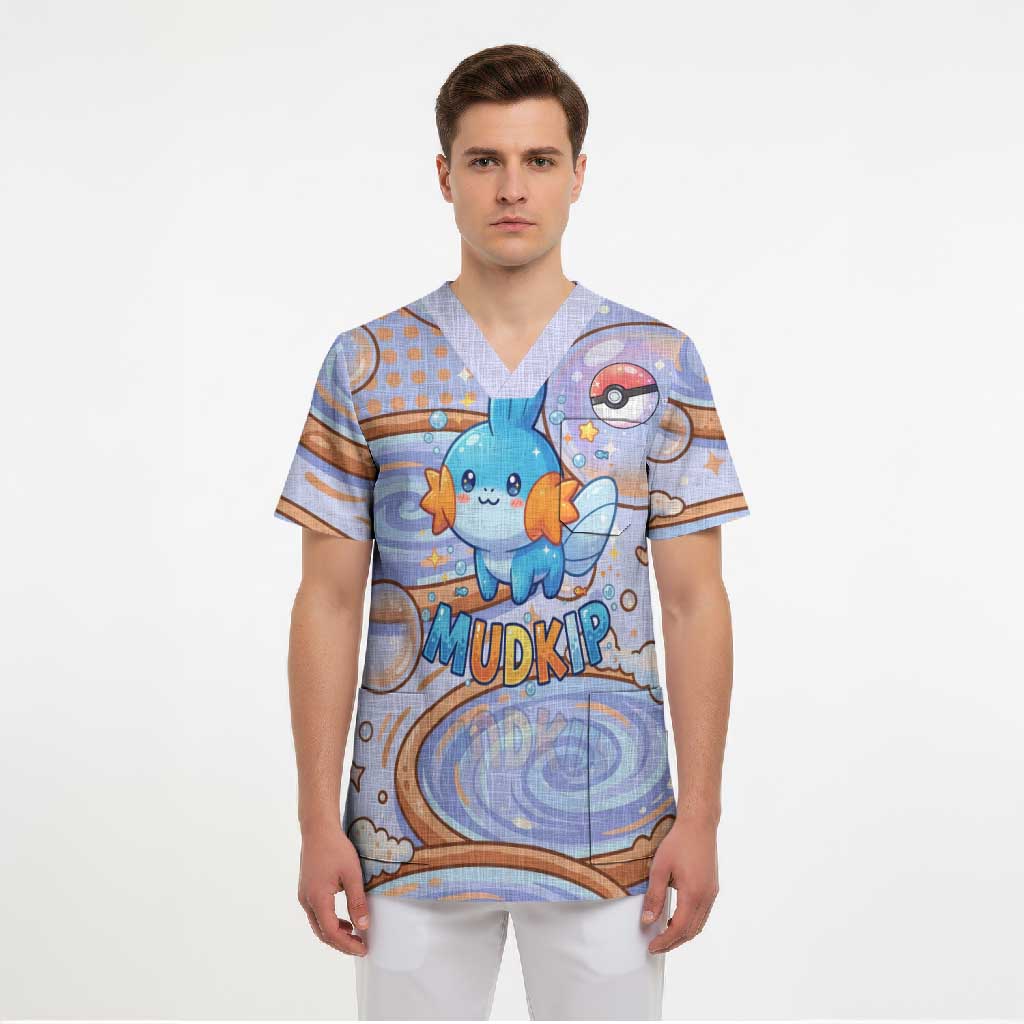 Mudkip Scrub Top Playful Pastel Water Bubble Art