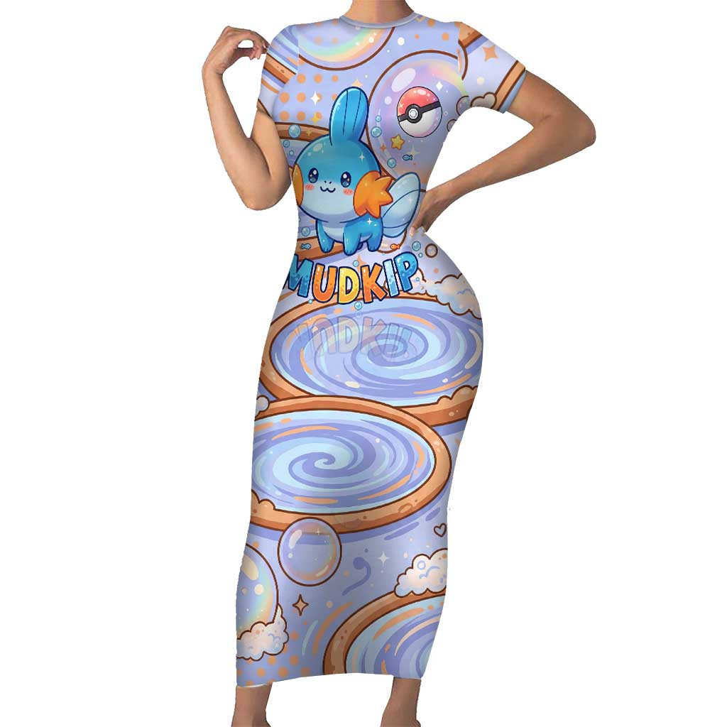 Mudkip Short Sleeve Bodycon Dress Playful Pastel Water Bubble Art