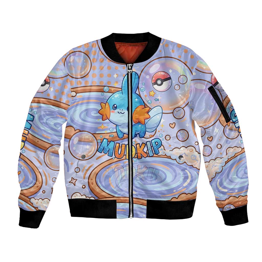 Mudkip Sleeve Zip Bomber Jacket Playful Pastel Water Bubble Art