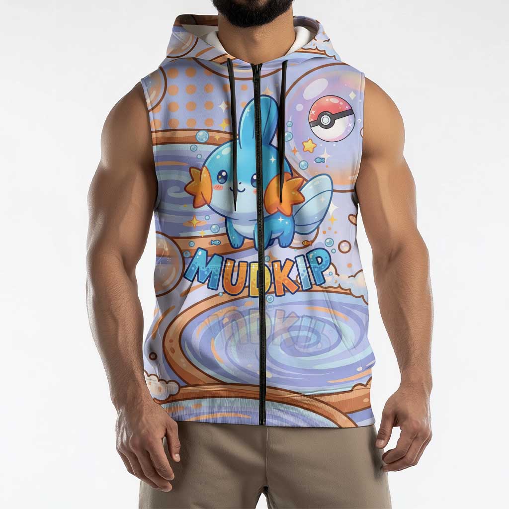 Mudkip Sleeveless Zip Hoodie Playful Pastel Water Bubble Art