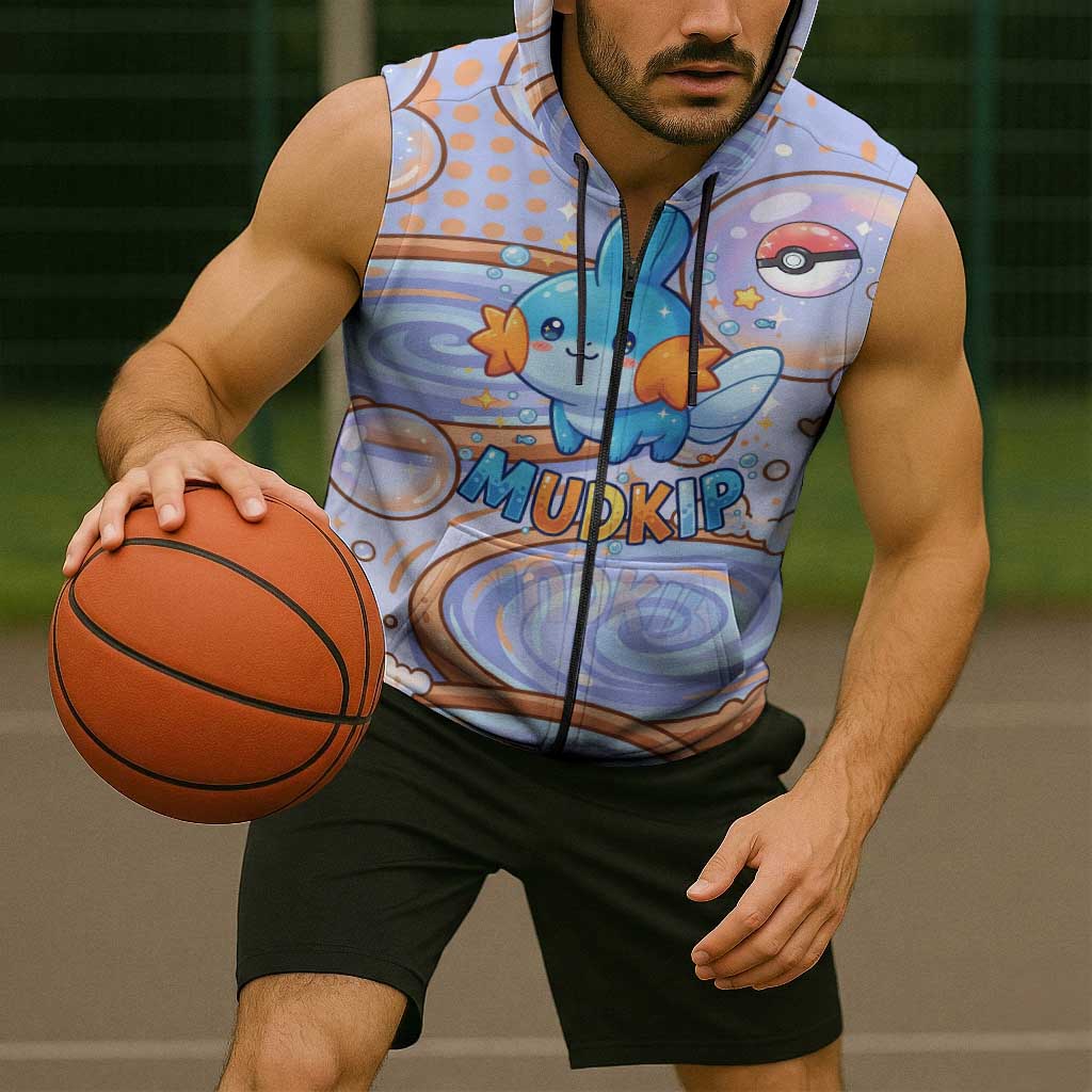 Mudkip Sleeveless Zip Hoodie Playful Pastel Water Bubble Art