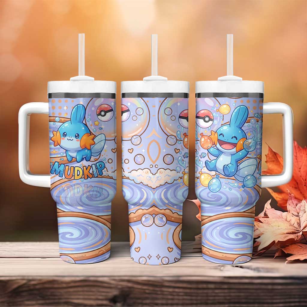 Mudkip Tumbler With Handle Playful Pastel Water Bubble Art