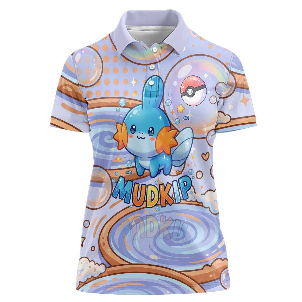 Mudkip Women Polo Shirt Playful Pastel Water Bubble Art