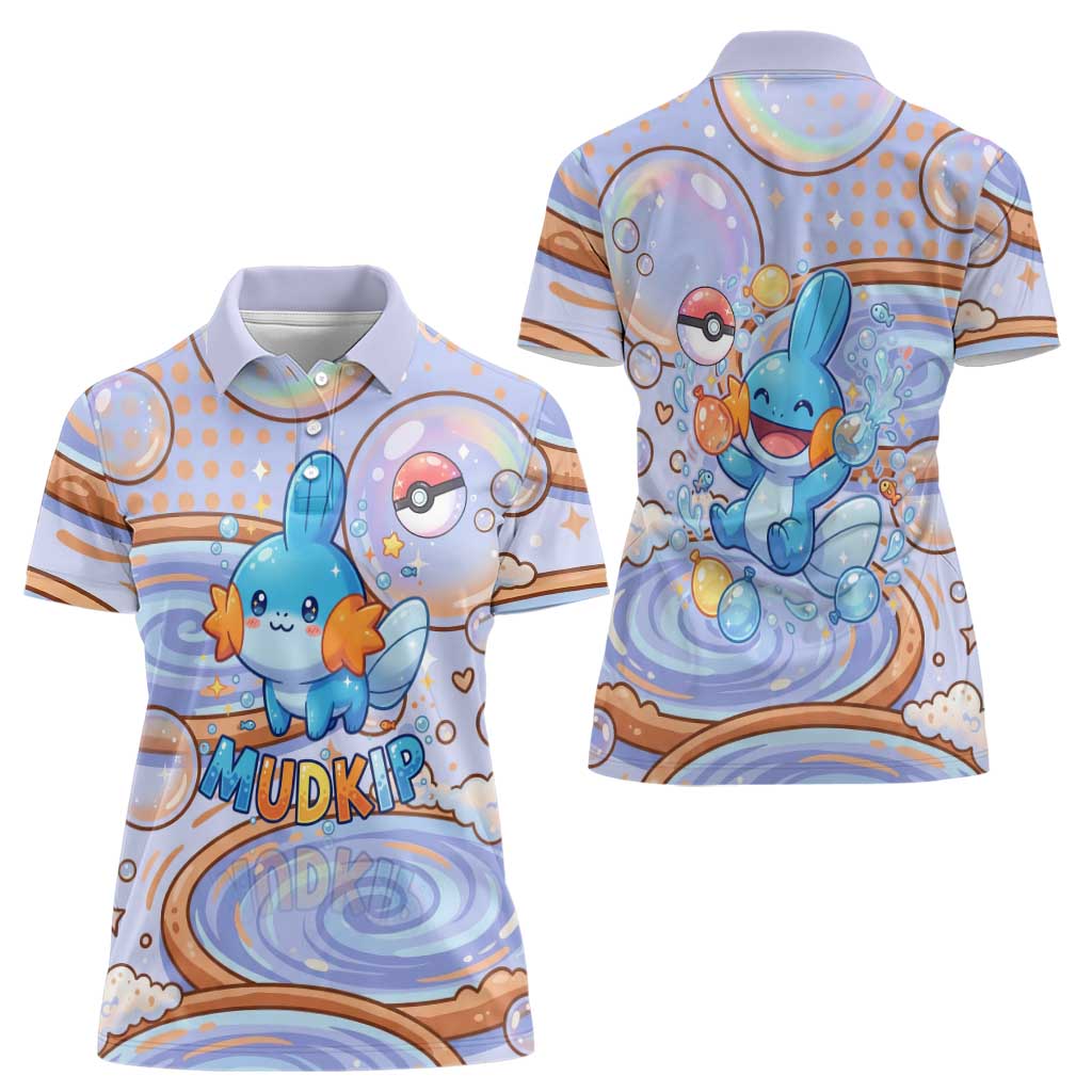 Mudkip Women Polo Shirt Playful Pastel Water Bubble Art