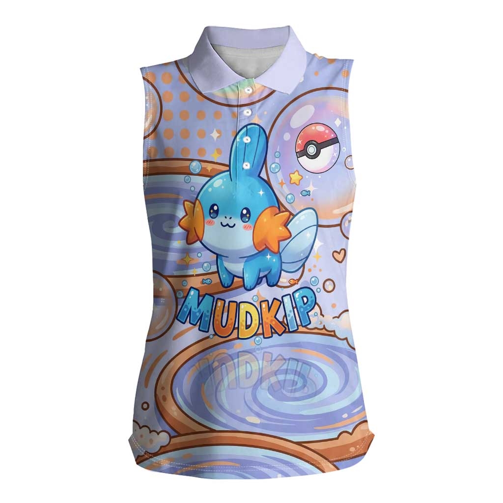 Mudkip Women Sleeveless Polo Shirt Playful Pastel Water Bubble Art