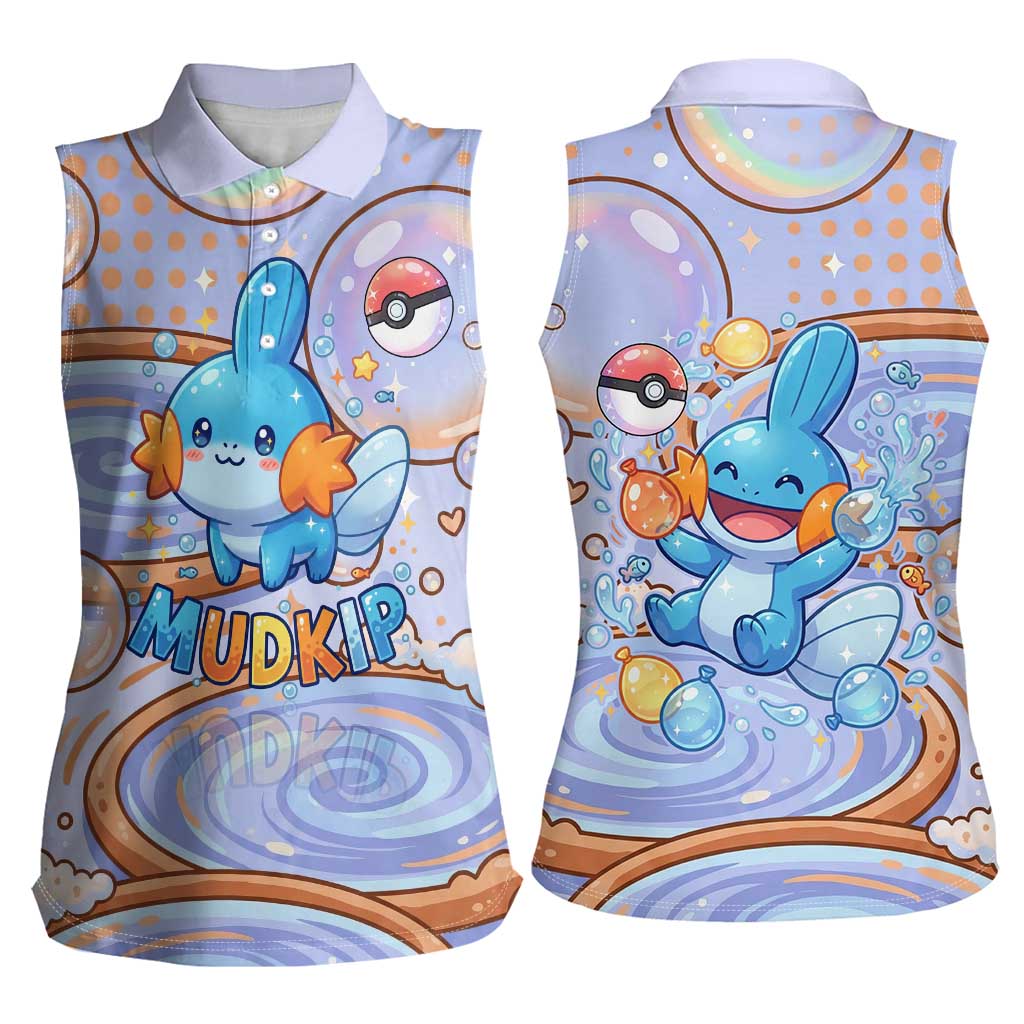 Mudkip Women Sleeveless Polo Shirt Playful Pastel Water Bubble Art