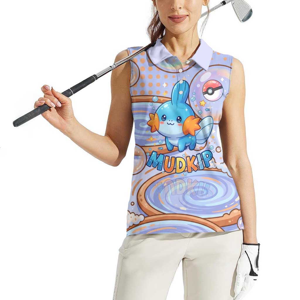 Mudkip Women Sleeveless Polo Shirt Playful Pastel Water Bubble Art