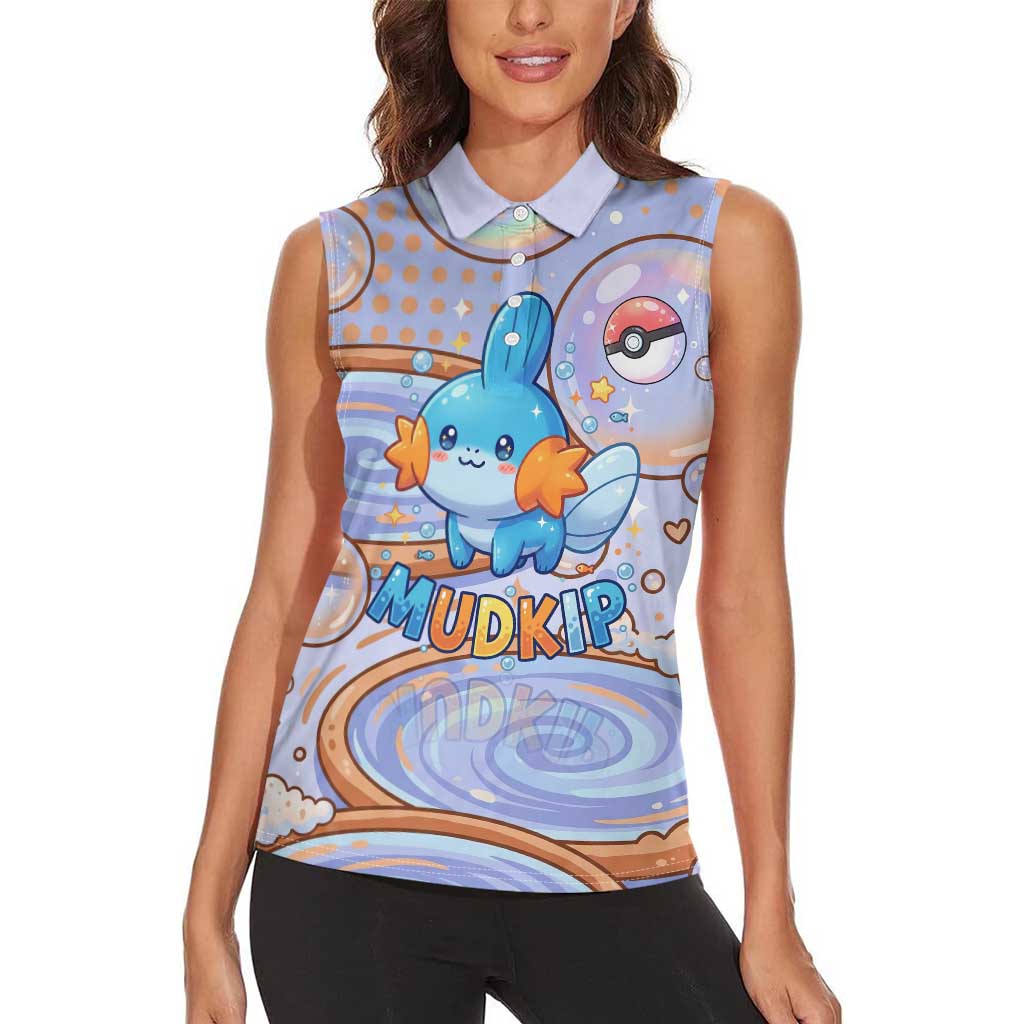 Mudkip Women Sleeveless Polo Shirt Playful Pastel Water Bubble Art