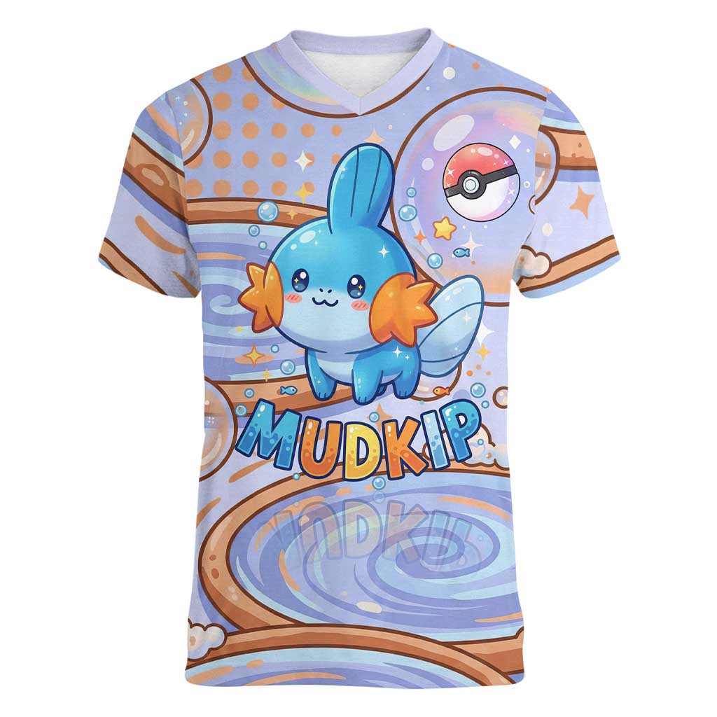 Mudkip Women V-Neck T-Shirt Playful Pastel Water Bubble Art