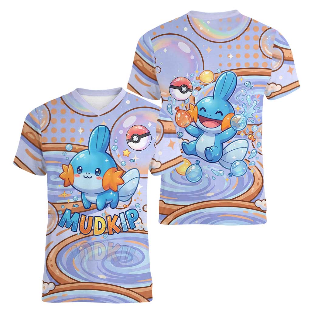Mudkip Women V-Neck T-Shirt Playful Pastel Water Bubble Art