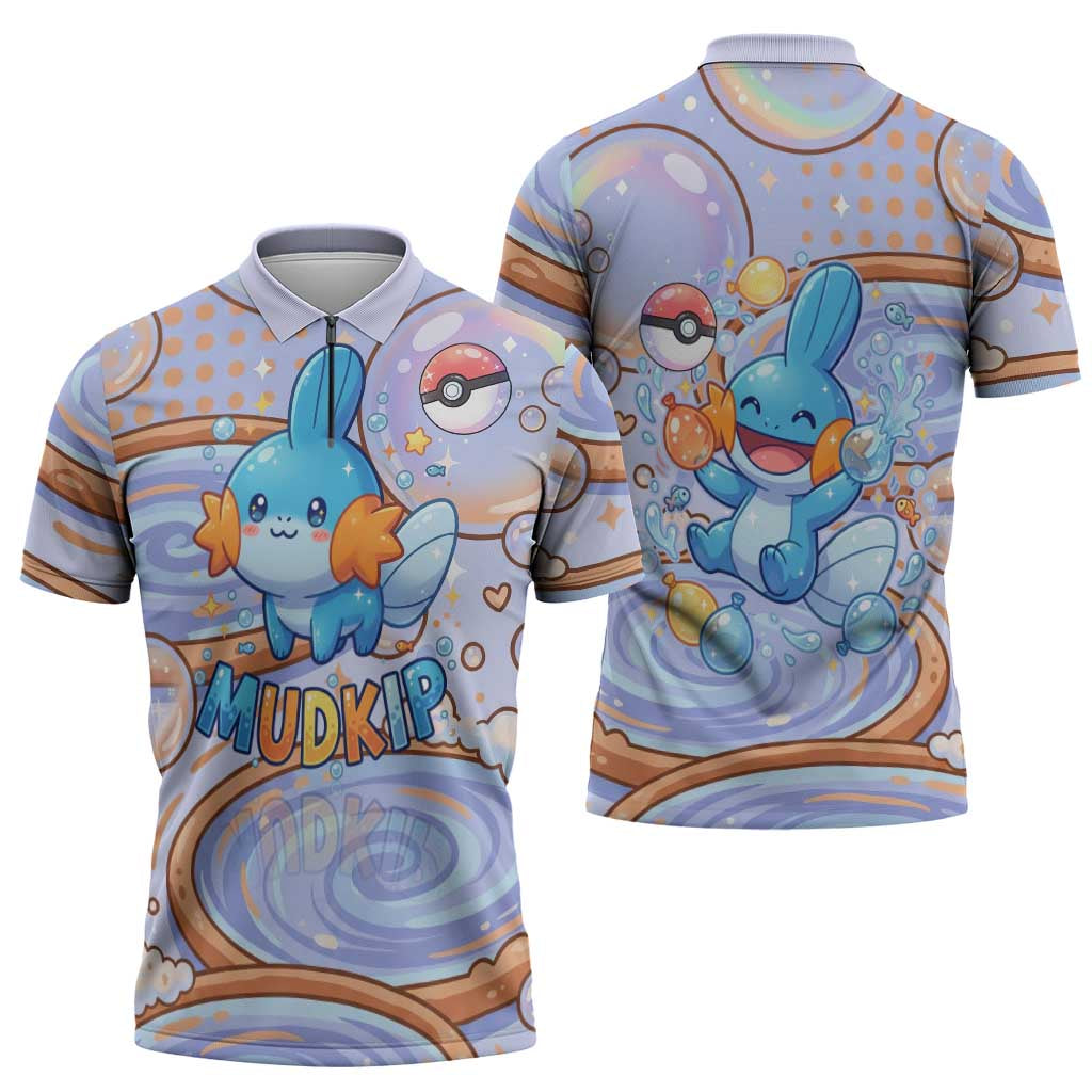 Mudkip Zipper Polo Shirt Playful Pastel Water Bubble Art