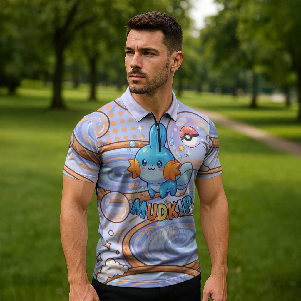 Mudkip Zipper Polo Shirt Playful Pastel Water Bubble Art