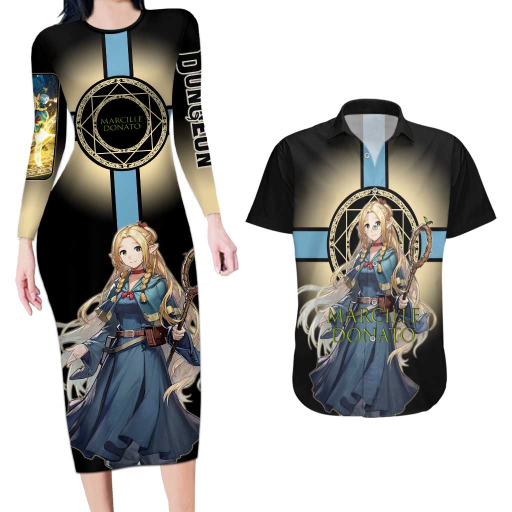 Marcille Donato Elf Mage Couples Matching Long Sleeve Bodycon Dress and Hawaiian Shirt Fantasy Anime Illustration Style
