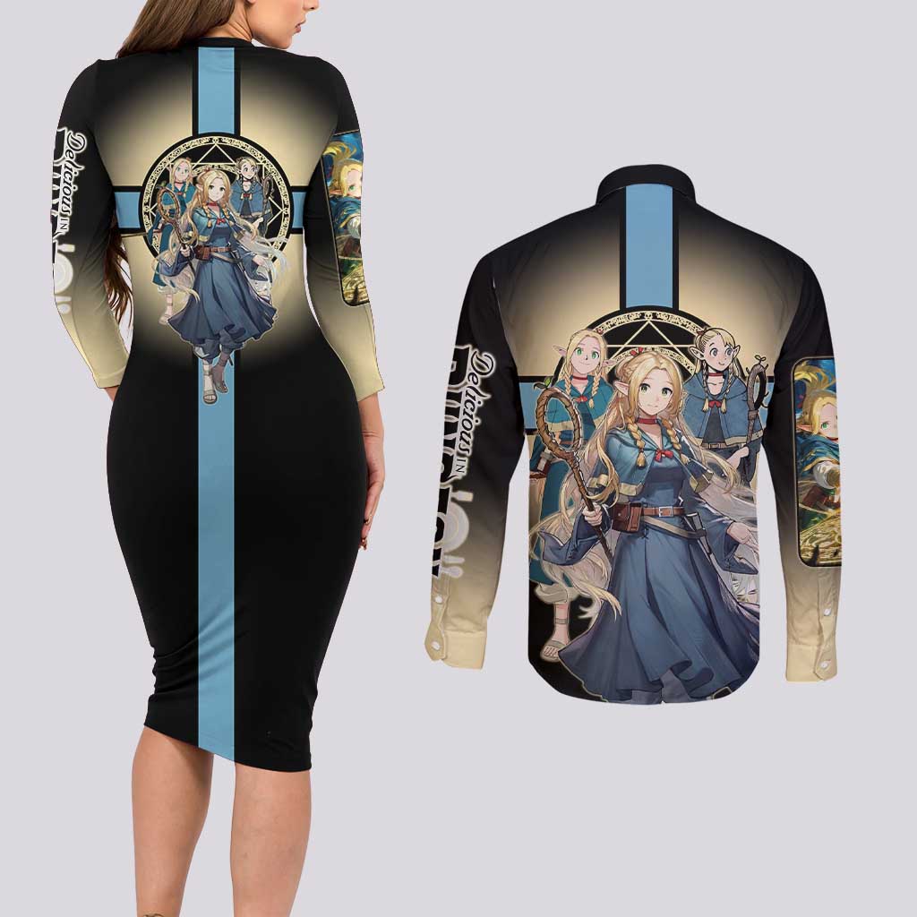 Marcille Donato Elf Mage Couples Matching Long Sleeve Bodycon Dress and Long Sleeve Button Shirt Fantasy Anime Illustration Style
