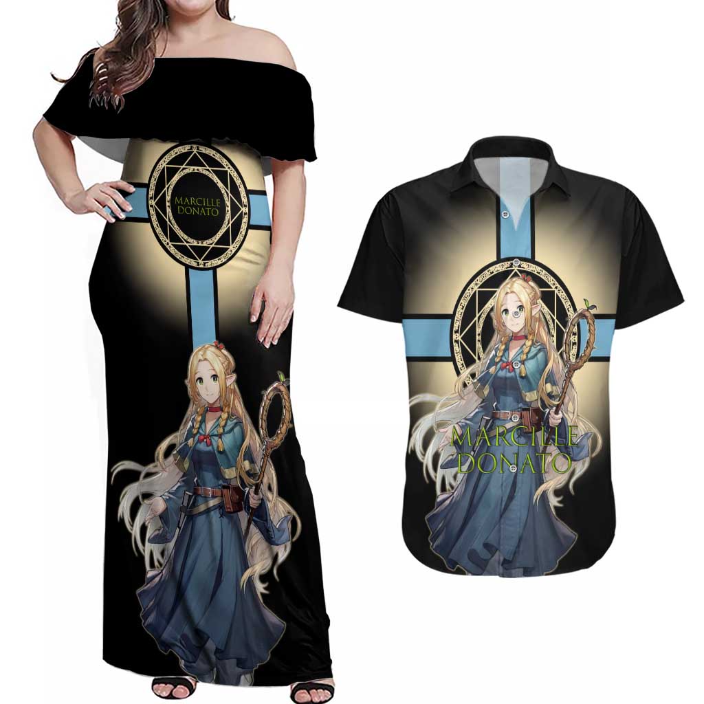 Marcille Donato Elf Mage Couples Matching Off Shoulder Maxi Dress and Hawaiian Shirt Fantasy Anime Illustration Style