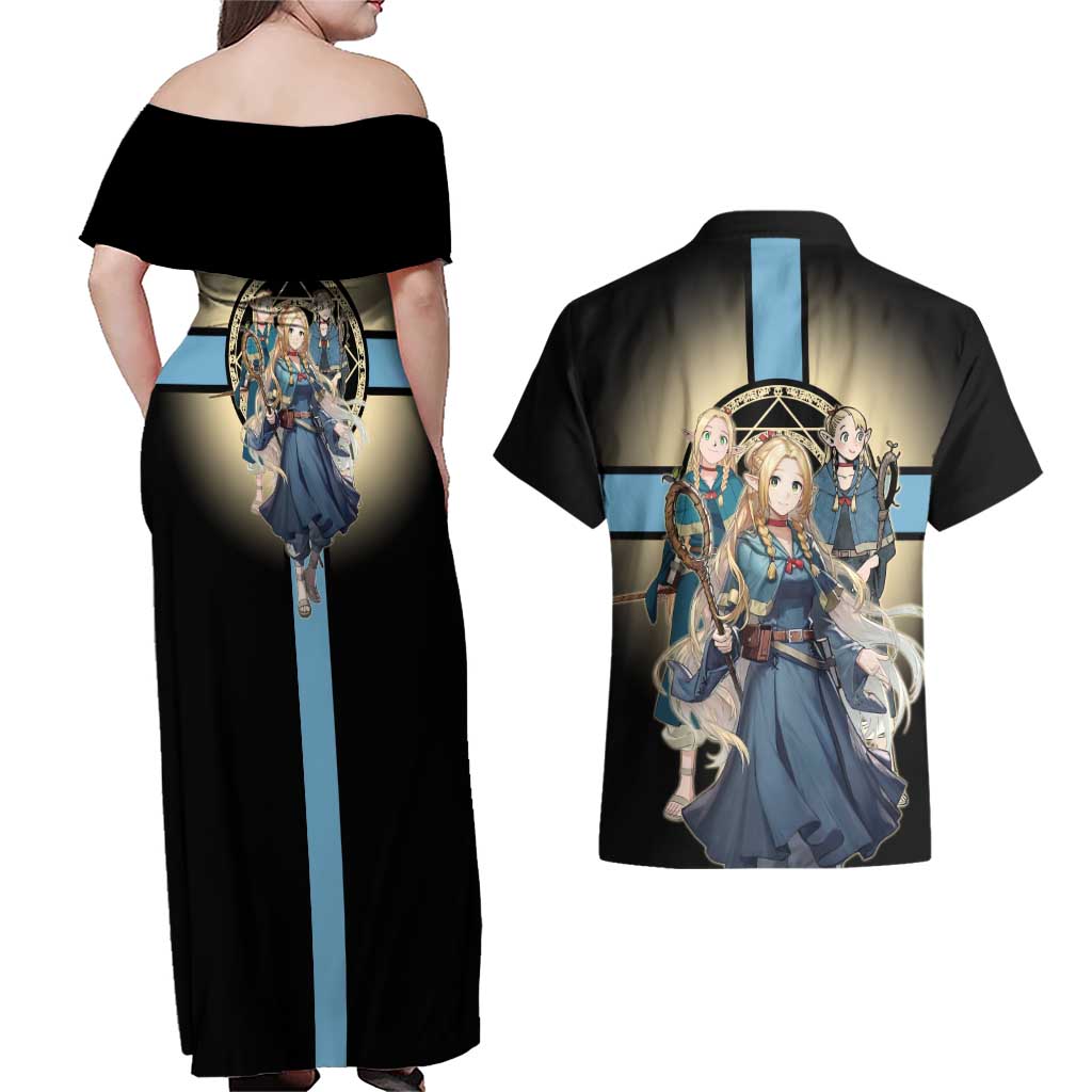 Marcille Donato Elf Mage Couples Matching Off Shoulder Maxi Dress and Hawaiian Shirt Fantasy Anime Illustration Style