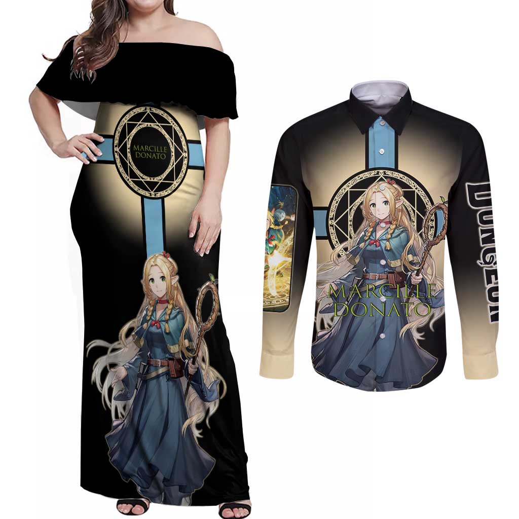 Marcille Donato Elf Mage Couples Matching Off Shoulder Maxi Dress and Long Sleeve Button Shirt Fantasy Anime Illustration Style