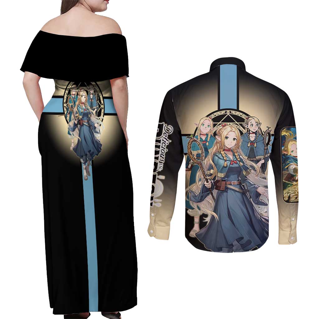 Marcille Donato Elf Mage Couples Matching Off Shoulder Maxi Dress and Long Sleeve Button Shirt Fantasy Anime Illustration Style