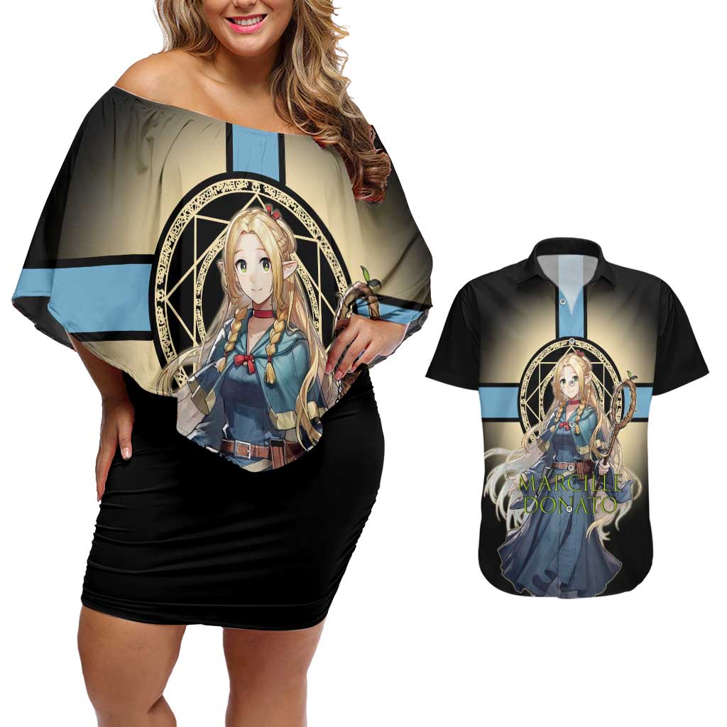 Marcille Donato Elf Mage Couples Matching Off Shoulder Short Dress and Hawaiian Shirt Fantasy Anime Illustration Style