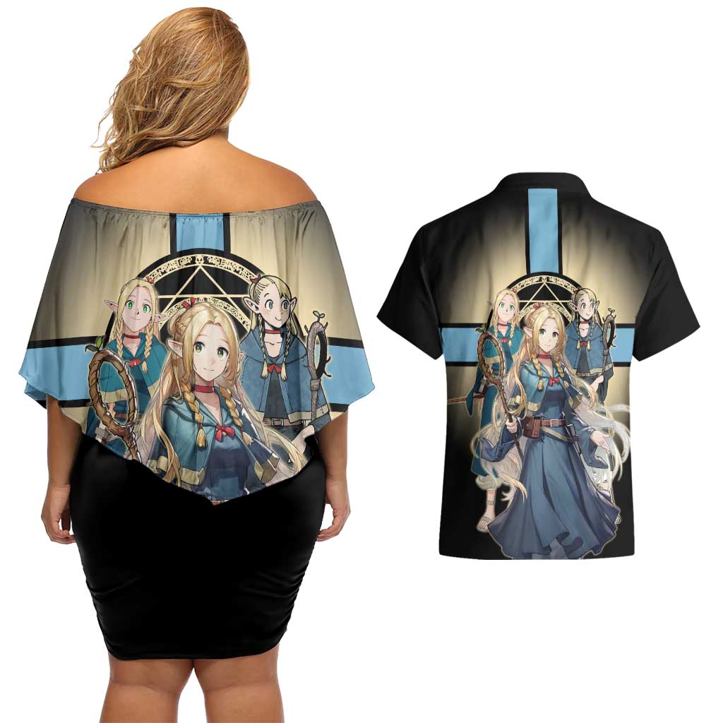 Marcille Donato Elf Mage Couples Matching Off Shoulder Short Dress and Hawaiian Shirt Fantasy Anime Illustration Style